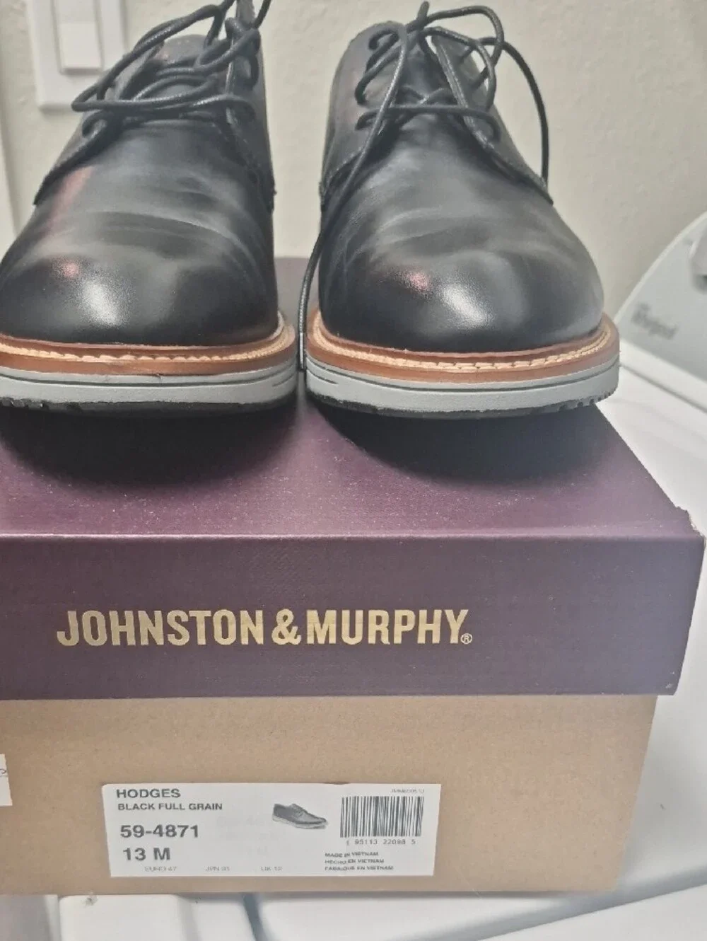 Johnston & Murphy Black Leather Derby Shoes with Brown Welt Trim